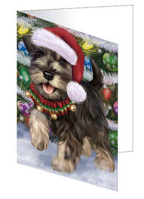 Trotting in the Snow Schnauzer Dog Handmade Artwork Assorted Pets Greeting Cards and Note Cards with Envelopes for All Occasions and Holiday Seasons GCD70889