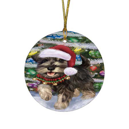 Trotting in the Snow Schnauzer Dog Round Flat Christmas Ornament RFPOR55814
