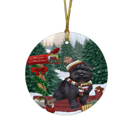 Merry Christmas Woodland Sled Schnauzer Dog Round Flat Christmas Ornament RFPOR55378