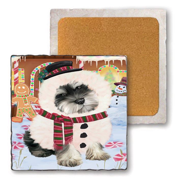 Christmas Gingerbread House Candyfest Schnauzer Dog Set of 4 Natural Stone Marble Tile Coasters MCST51535