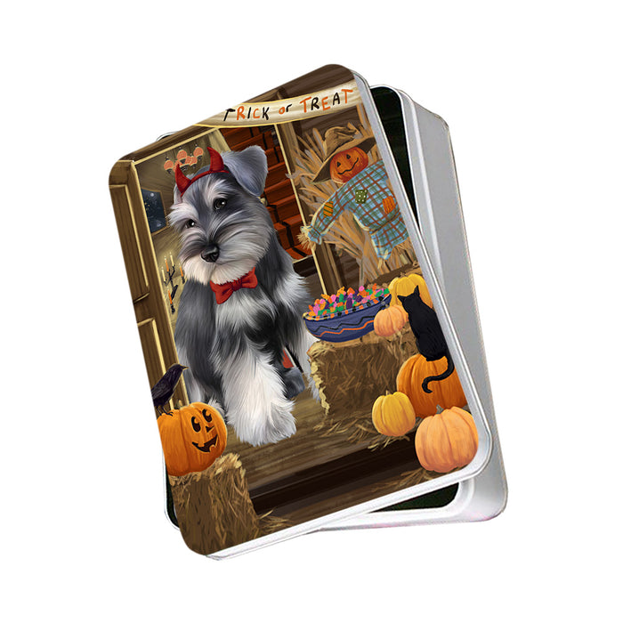Enter at Own Risk Trick or Treat Halloween Schnauzer Dog Photo Storage Tin PITN53267