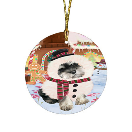 Christmas Gingerbread House Candyfest Schnauzer Dog Round Flat Christmas Ornament RFPOR56891