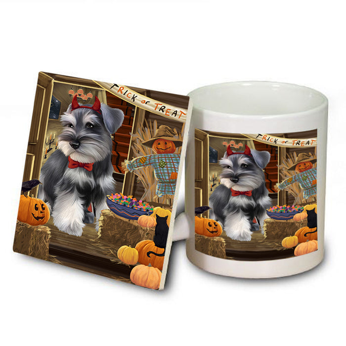 Enter at Own Risk Trick or Treat Halloween Schnauzer Dog Mug and Coaster Set MUC53259