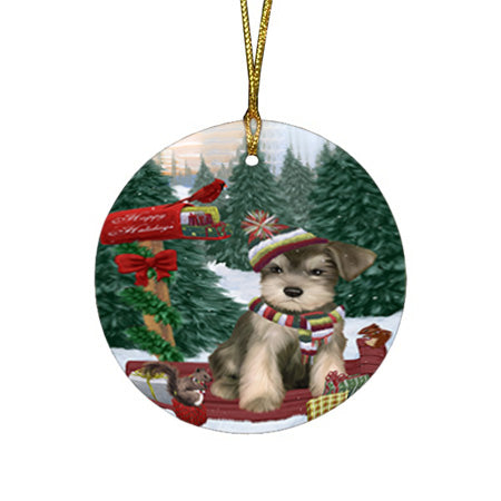 Merry Christmas Woodland Sled Schnauzer Dog Round Flat Christmas Ornament RFPOR55379