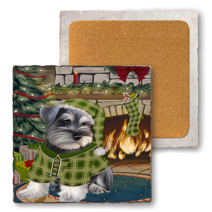 The Stocking was Hung Schnauzer Dog Set of 4 Natural Stone Marble Tile Coasters MCST50601