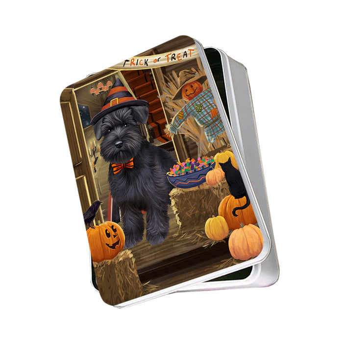 Enter at Own Risk Trick or Treat Halloween Schnauzer Dog Photo Storage Tin PITN53268
