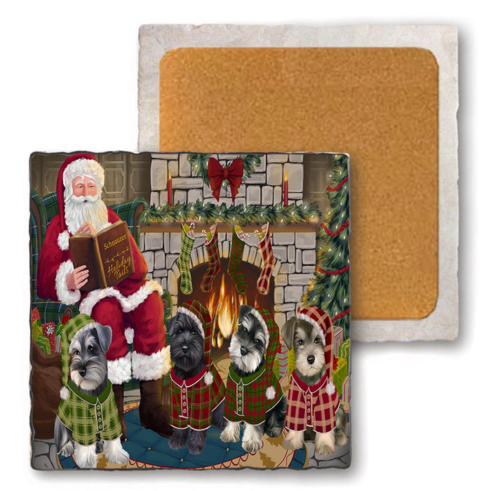 Christmas Cozy Holiday Tails Schnauzers Dog Set of 4 Natural Stone Marble Tile Coasters MCST50385