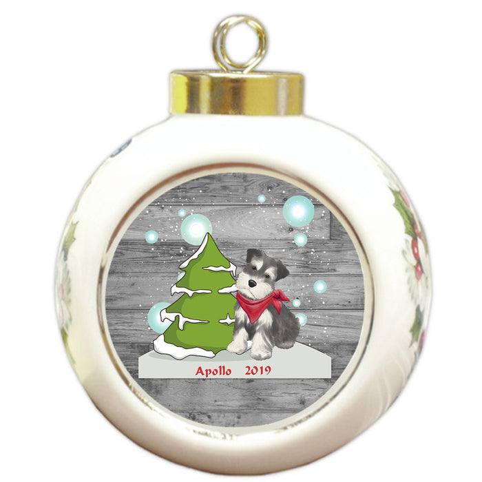 Custom Personalized Winter Scenic Tree and Presents Schnauzer Dog Christmas Round Ball Ornament
