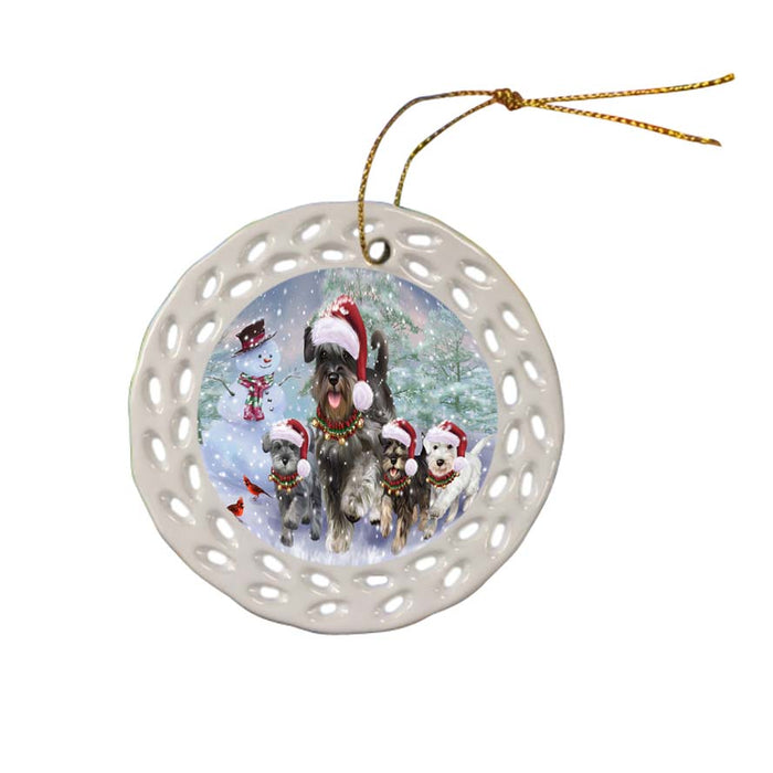 Christmas Running Family Schnauzers Dog Ceramic Doily Ornament DPOR55829