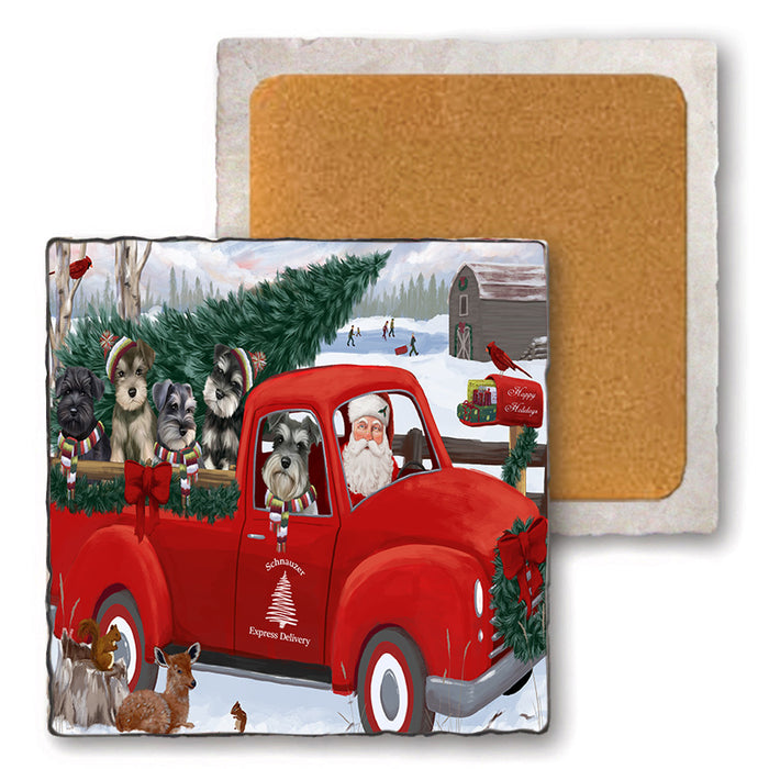 Christmas Santa Express Delivery Schnauzers Dog Family Set of 4 Natural Stone Marble Tile Coasters MCST50064