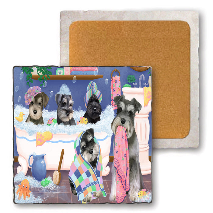 Rub A Dub Dogs In A Tub Schnauzers Dog Set of 4 Natural Stone Marble Tile Coasters MCST51819