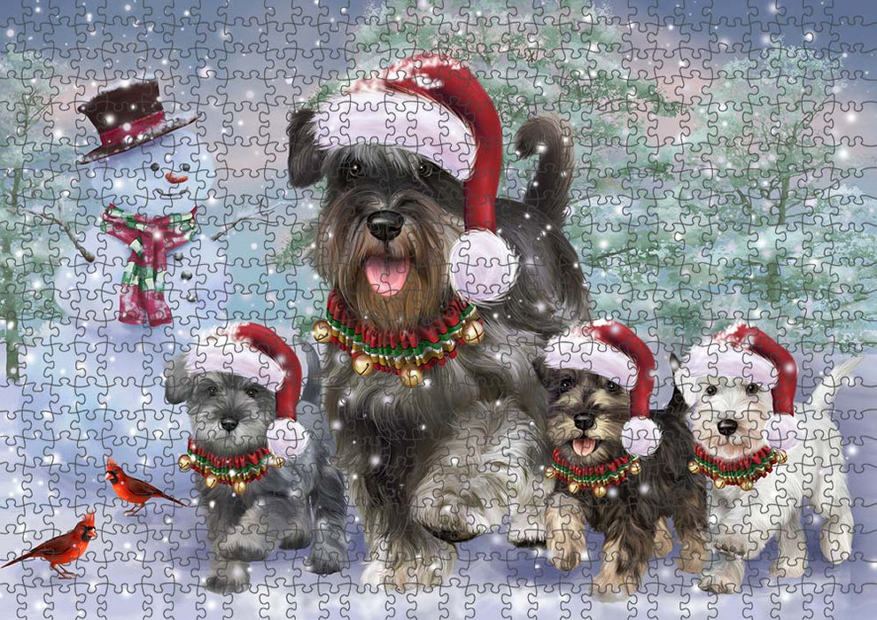 Christmas Running Family Schnauzers Dog Puzzle with Photo Tin PUZL90096