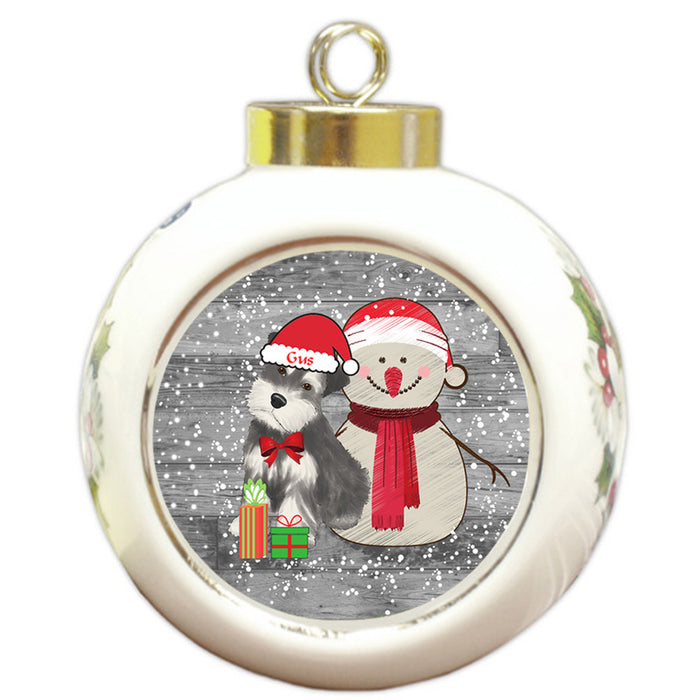 Custom Personalized Snowy Snowman and Schnauzer Dog Christmas Round Ball Ornament