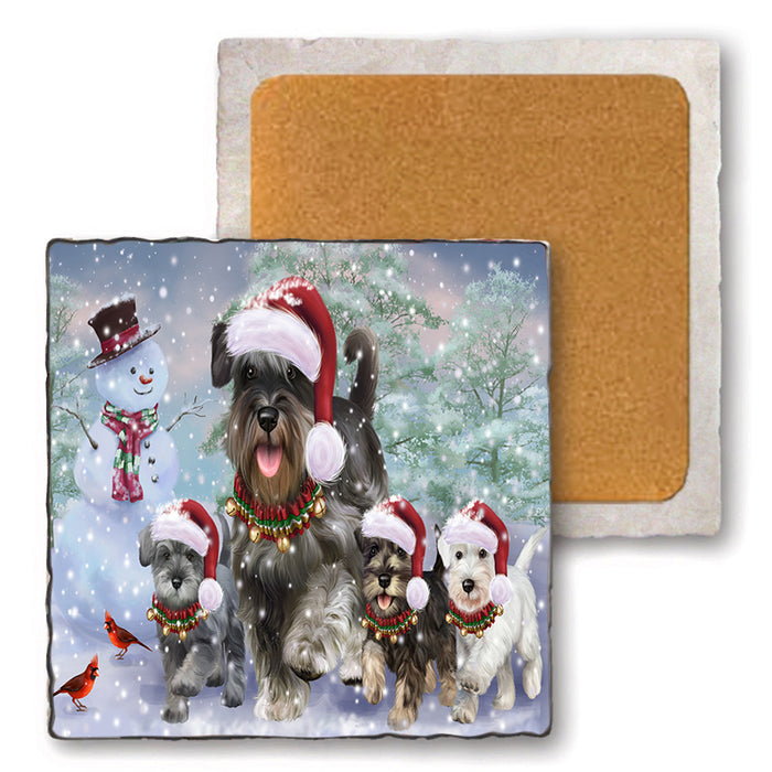 Christmas Running Family Schnauzers Dog Set of 4 Natural Stone Marble Tile Coasters MCST50473