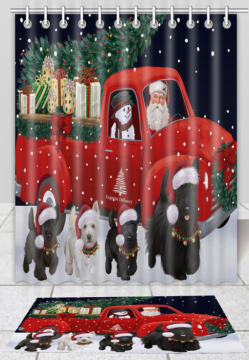 Christmas Express Delivery Red Truck Running Scottish Terrier Dogs Bath Mat and Shower Curtain Combo