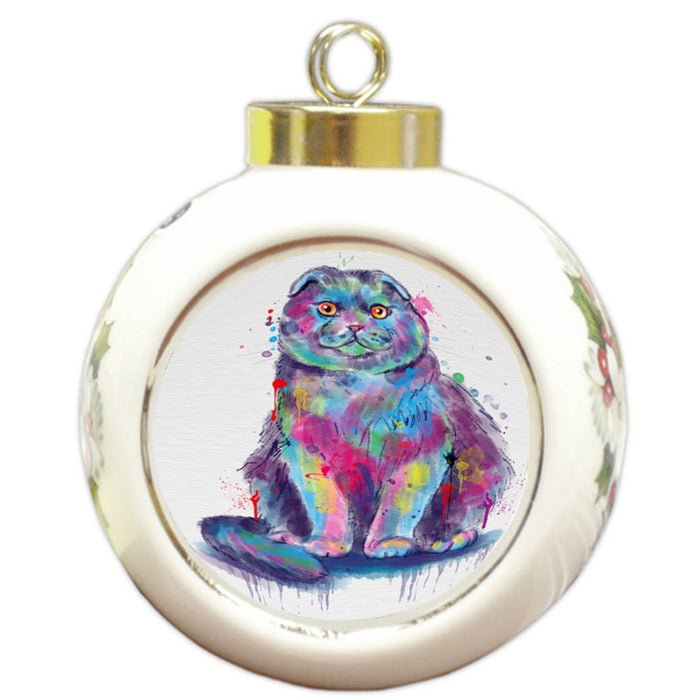 Watercolor Scottish Fold Cat Round Ball Christmas Ornament RBPOR58495