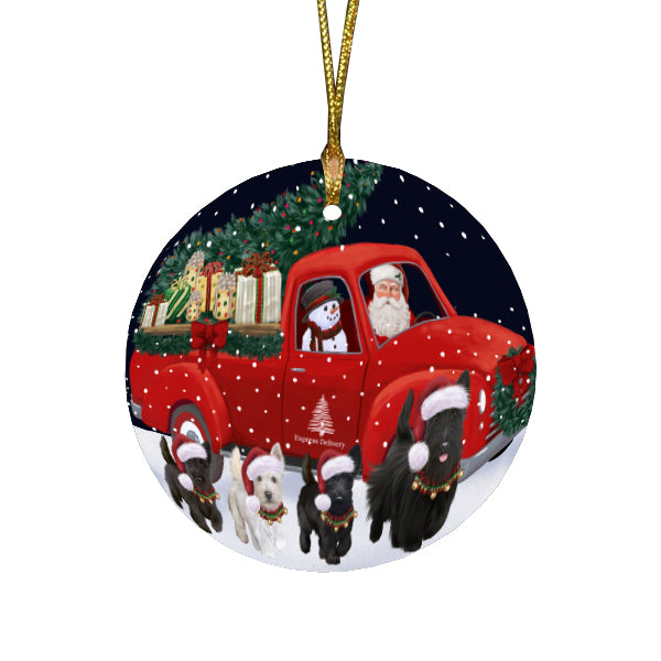 Christmas Express Delivery Red Truck Running Scottish Terrier Dogs Round Flat Christmas Ornament RFPOR57775