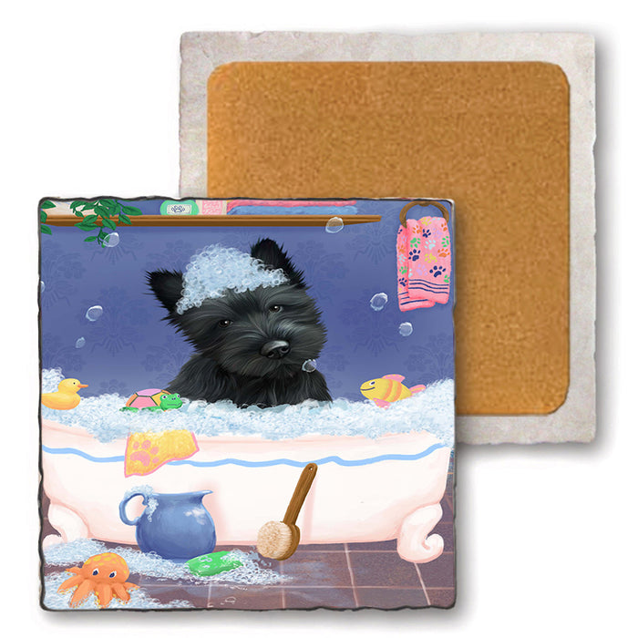 Rub A Dub Dog In A Tub Scottish Terrier Dog Set of 4 Natural Stone Marble Tile Coasters MCST52438