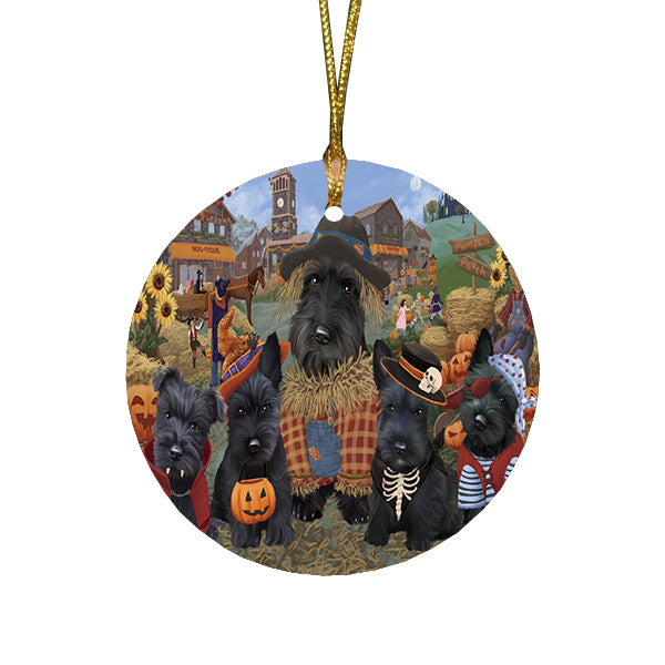 Halloween 'Round Town And Fall Pumpkin Scarecrow Both Scottish Terrier Dogs Round Flat Christmas Ornament RFPOR57604