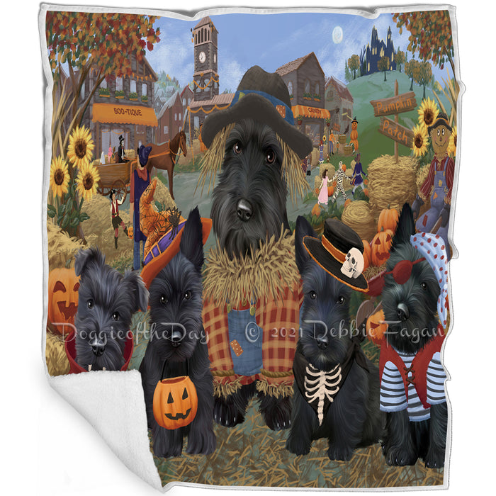 Halloween 'Round Town And Fall Pumpkin Scarecrow Both Scottish Terrier Dogs Blanket BLNKT143642