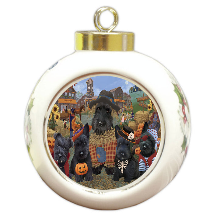 Halloween 'Round Town And Fall Pumpkin Scarecrow Both Scottish Terrier Dogs Round Ball Christmas Ornament RBPOR57604