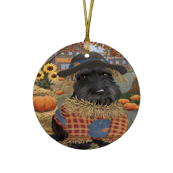 Halloween 'Round Town And Fall Pumpkin Scarecrow Both Scottish Terrier Dog Round Flat Christmas Ornament RFPOR57665