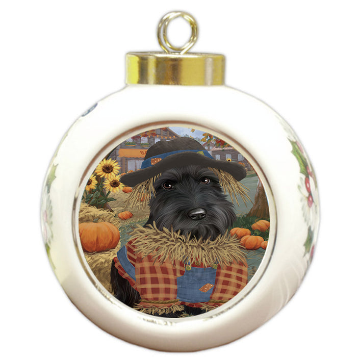 Halloween 'Round Town And Fall Pumpkin Scarecrow Both Scottish Terrier Dog Round Ball Christmas Ornament RBPOR57665