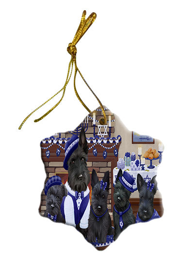 Happy Hanukkah Family Scottish Terrier Dogs Star Porcelain Ornament SPOR57730