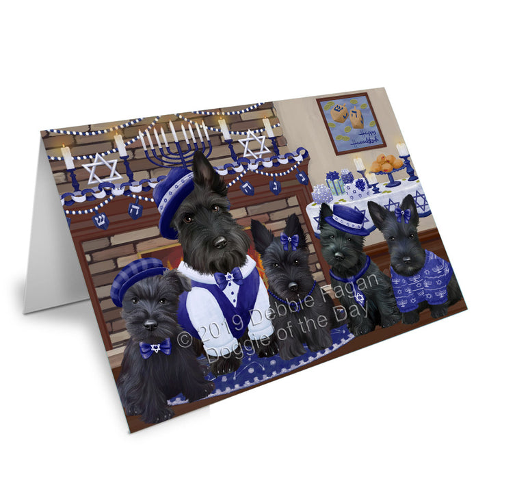 Happy Hanukkah Family Scottish Terrier Dogs Handmade Artwork Assorted Pets Greeting Cards and Note Cards with Envelopes for All Occasions and Holiday Seasons GCD78536