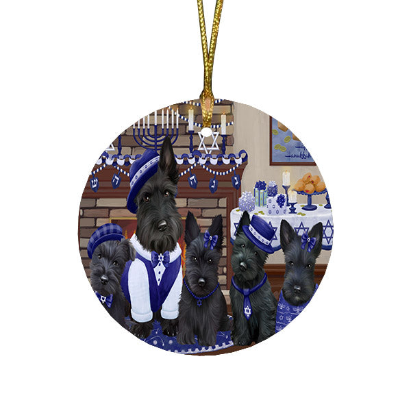 Happy Hanukkah Family and Happy Hanukkah Both Scottish Terrier Dogs Round Flat Christmas Ornament RFPOR57634