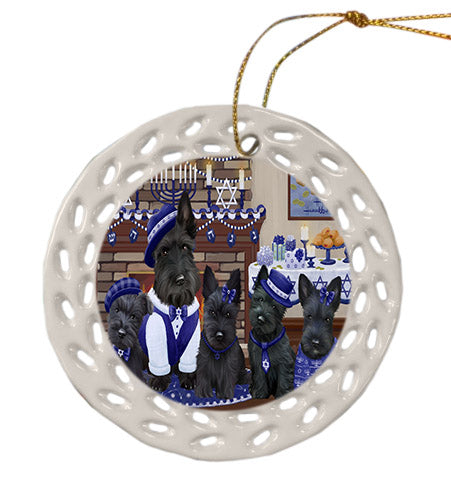 Happy Hanukkah Family Scottish Terrier Dogs Ceramic Doily Ornament DPOR57730