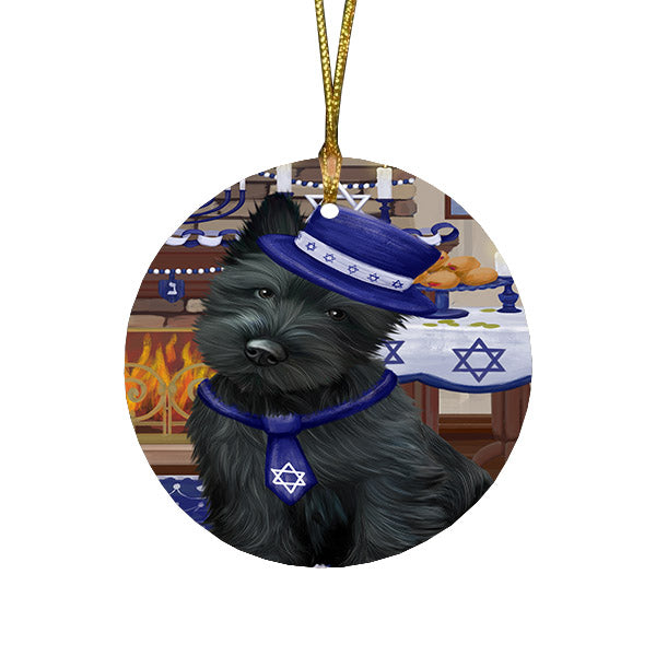 Happy Hanukkah Family and Happy Hanukkah Both Scottish Terrier Dog Round Flat Christmas Ornament RFPOR57695