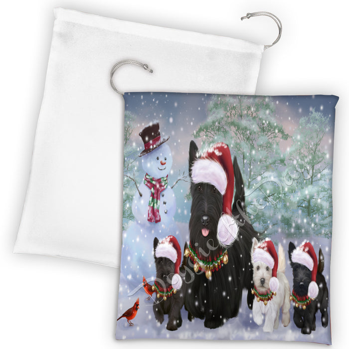 Christmas Running Fammily Scottish Terrier Dogs Drawstring Laundry or Gift Bag LGB48248