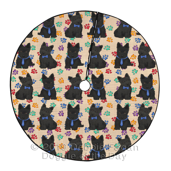Rainbow Paw Print Scottish Terrier Dogs Blue Christmas Tree Skirt
