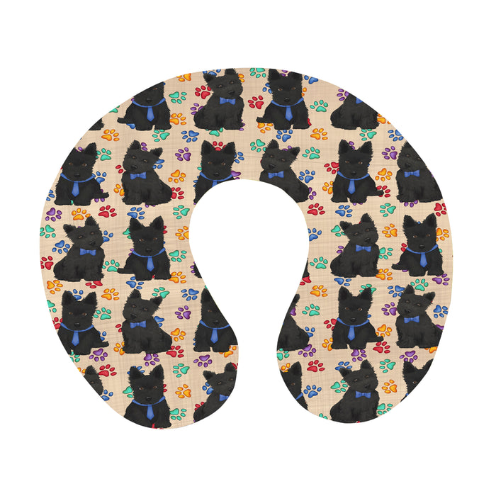 Rainbow Paw Print Scottish Terrier Dogs Blue U-Shape Travel Pillow