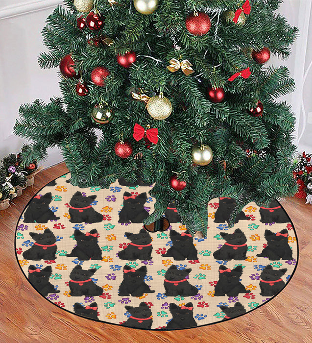 Rainbow Paw Print Scottish Terrier Dogs Red Christmas Tree Skirt