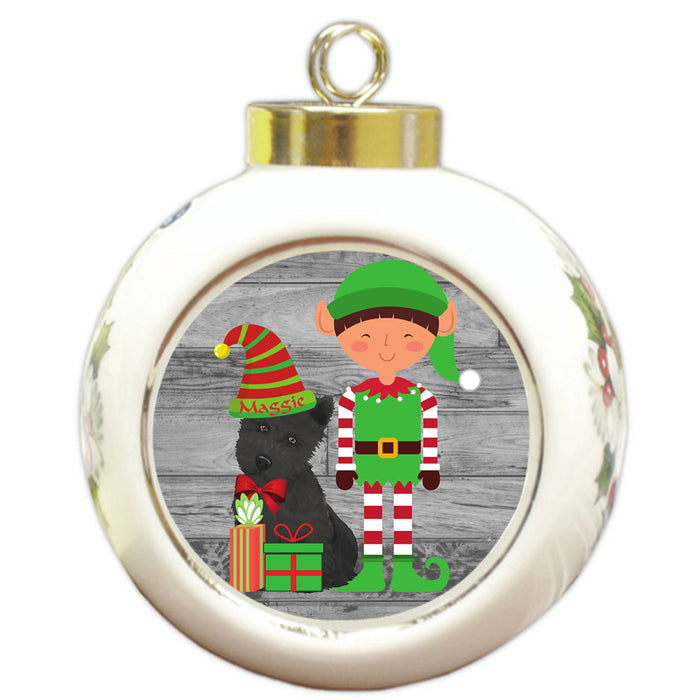 Custom Personalized Scottish Terrier Dog Elfie and Presents Christmas Round Ball Ornament