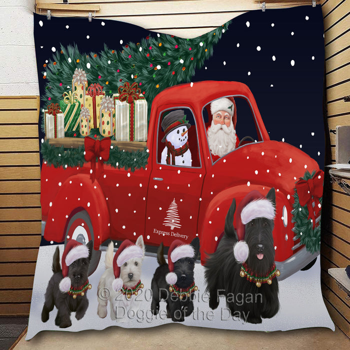 Christmas Express Delivery Red Truck Running Scottish Terrier Dogs Lightweight Soft Bedspread Coverlet Bedding Quilt QUILT60036