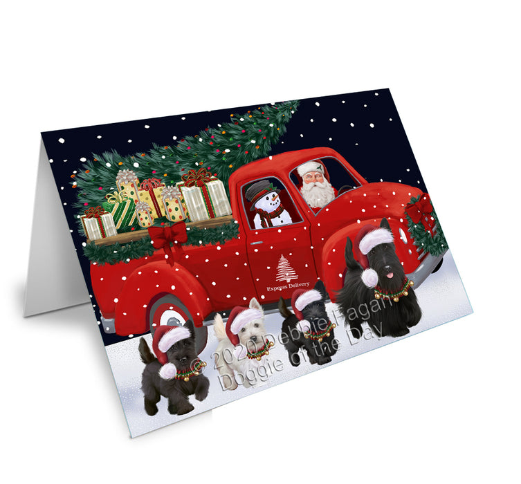 Christmas Express Delivery Red Truck Running Scottish Terrier Dogs Handmade Artwork Assorted Pets Greeting Cards and Note Cards with Envelopes for All Occasions and Holiday Seasons GCD75215