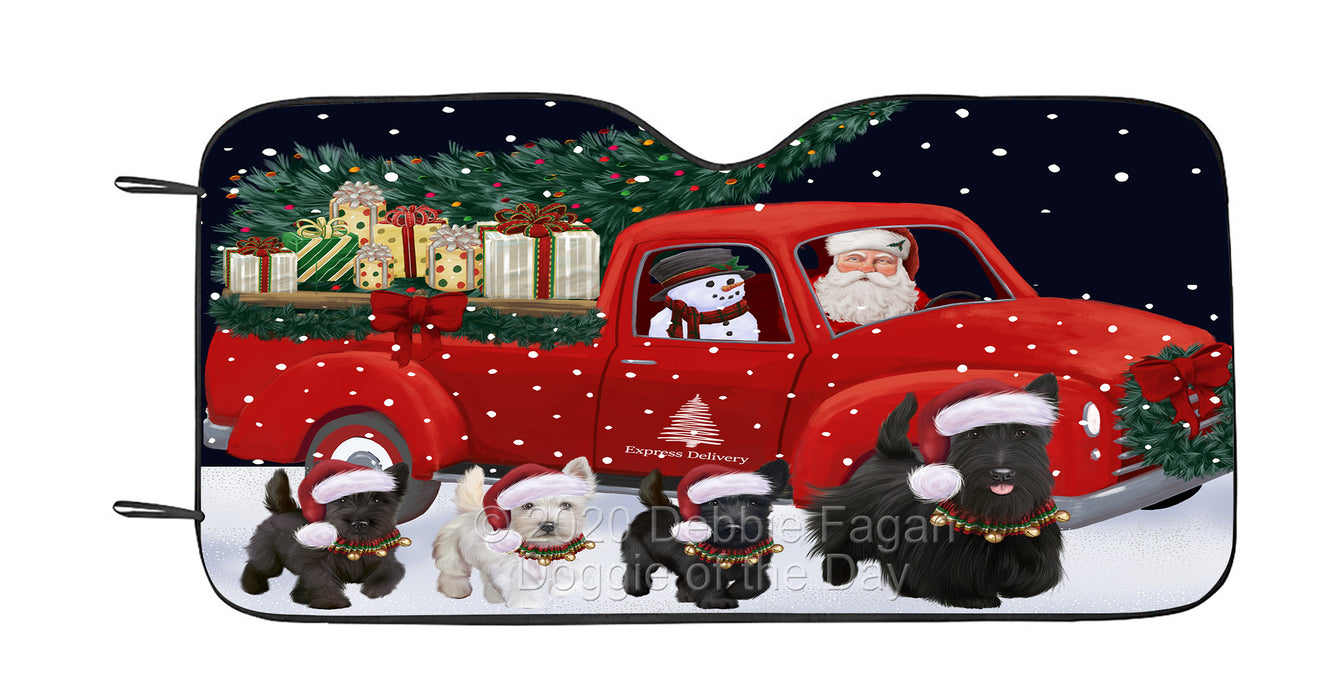 Christmas Express Delivery Red Truck Running Scottish Terrier Dog Car Sun Shade Cover Curtain