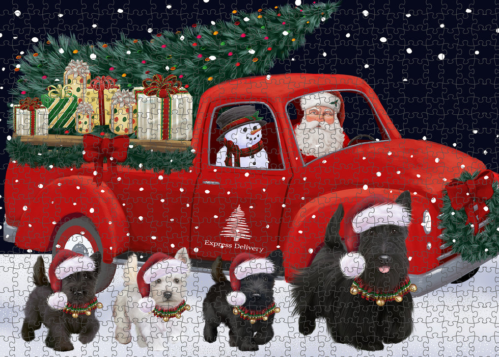 Christmas Express Delivery Red Truck Running Scottish Terrier Dogs Puzzle with Photo Tin PUZL99800