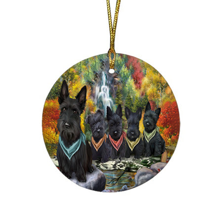Scenic Waterfall Scottish Terriers Dog Round Flat Christmas Ornament RFPOR49525