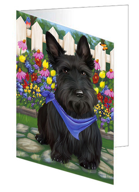 Spring Floral Scottish Terrier Dog Handmade Artwork Assorted Pets Greeting Cards and Note Cards with Envelopes for All Occasions and Holiday Seasons GCD60488
