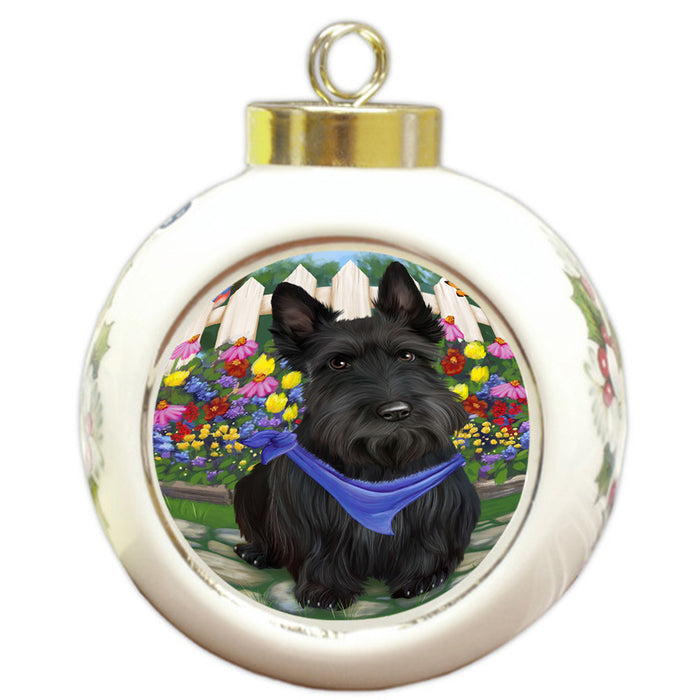 Spring Floral Scottish Terrier Dog Round Ball Christmas Ornament RBPOR52153