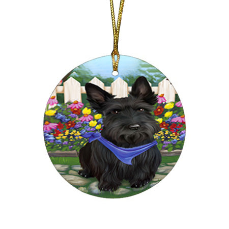 Spring Floral Scottish Terrier Dog Round Flat Christmas Ornament RFPOR52144
