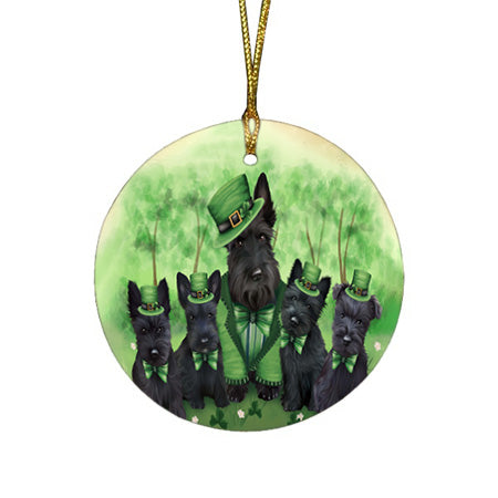 St. Patricks Day Irish Family Portrait Scottish Terriers Dog Round Flat Christmas Ornament RFPOR49376