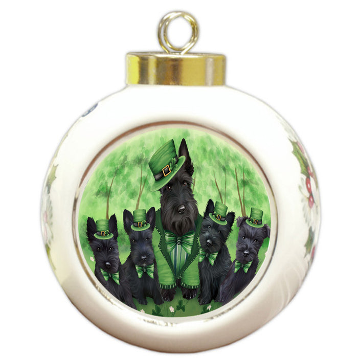 St. Patricks Day Irish Family Portrait Scottish Terriers Dog Round Ball Christmas Ornament RBPOR49385