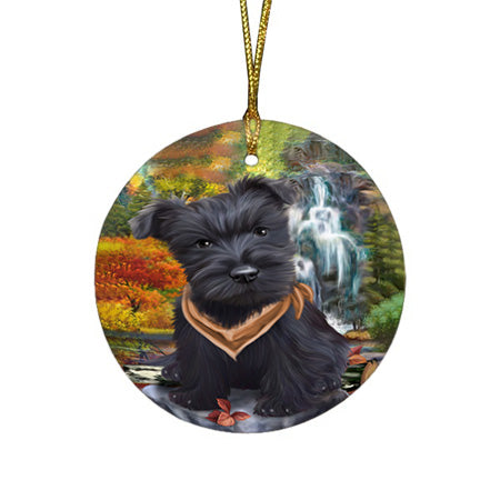 Scenic Waterfall Scottish Terrier Dog Round Flat Christmas Ornament RFPOR49526