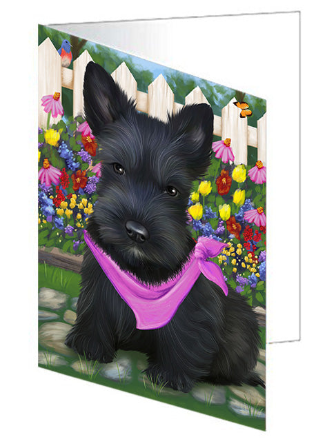 Spring Floral Scottish Terrier Dog Handmade Artwork Assorted Pets Greeting Cards and Note Cards with Envelopes for All Occasions and Holiday Seasons GCD60491