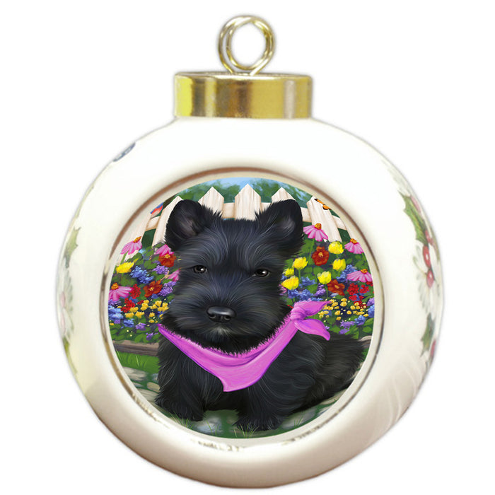 Spring Floral Scottish Terrier Dog Round Ball Christmas Ornament RBPOR52154